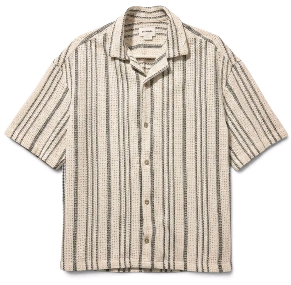 Pull&Bear Men's S Camp Collar Shirt Beige Black Stripe Short Sleeve Button Up